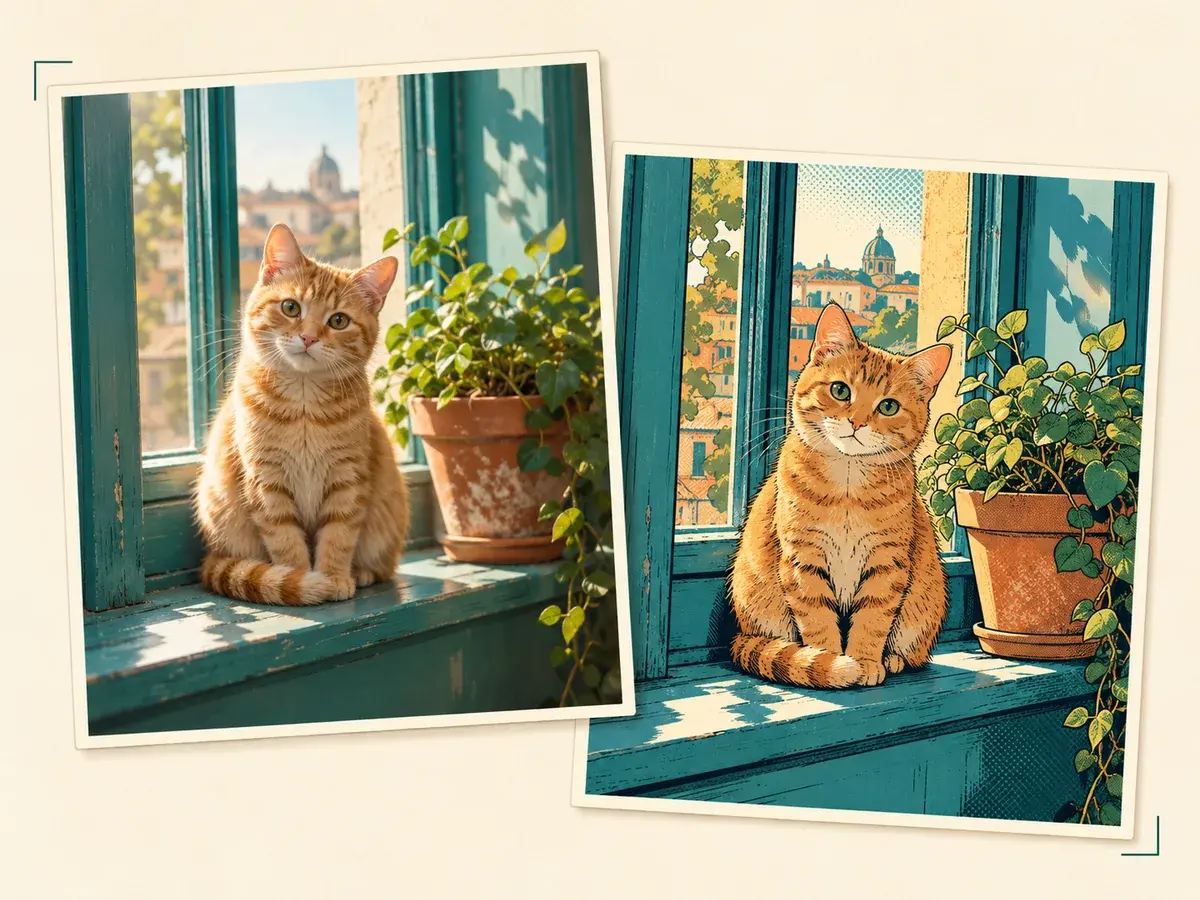 Concept illustration comparing the same cat in a photographic reference and comic drawing