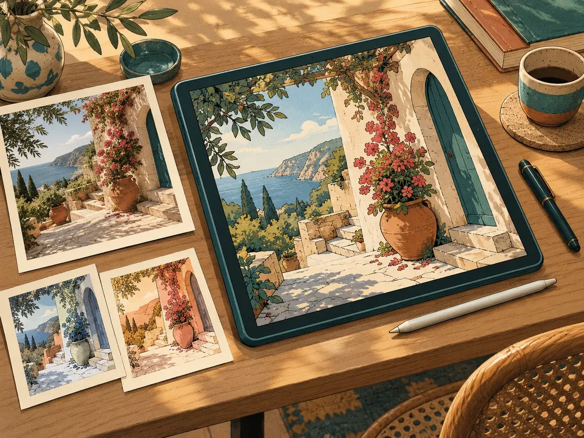Concept illustration of a creative desk with a tablet and reference studies