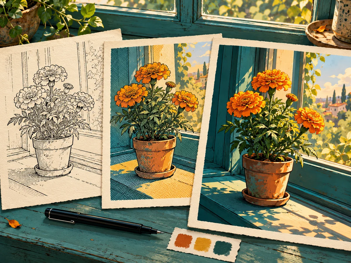 Comic art direction with expressive ink lines, halftone texture, and color